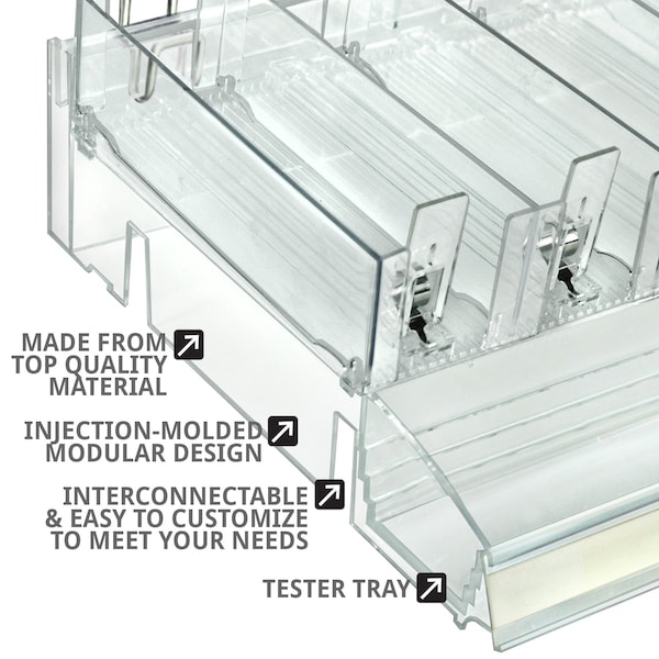 Adjustable Tall Divider Bin Cosmetic Tray With Tester On Front And Spring Pushers, Clear, 2-Pack